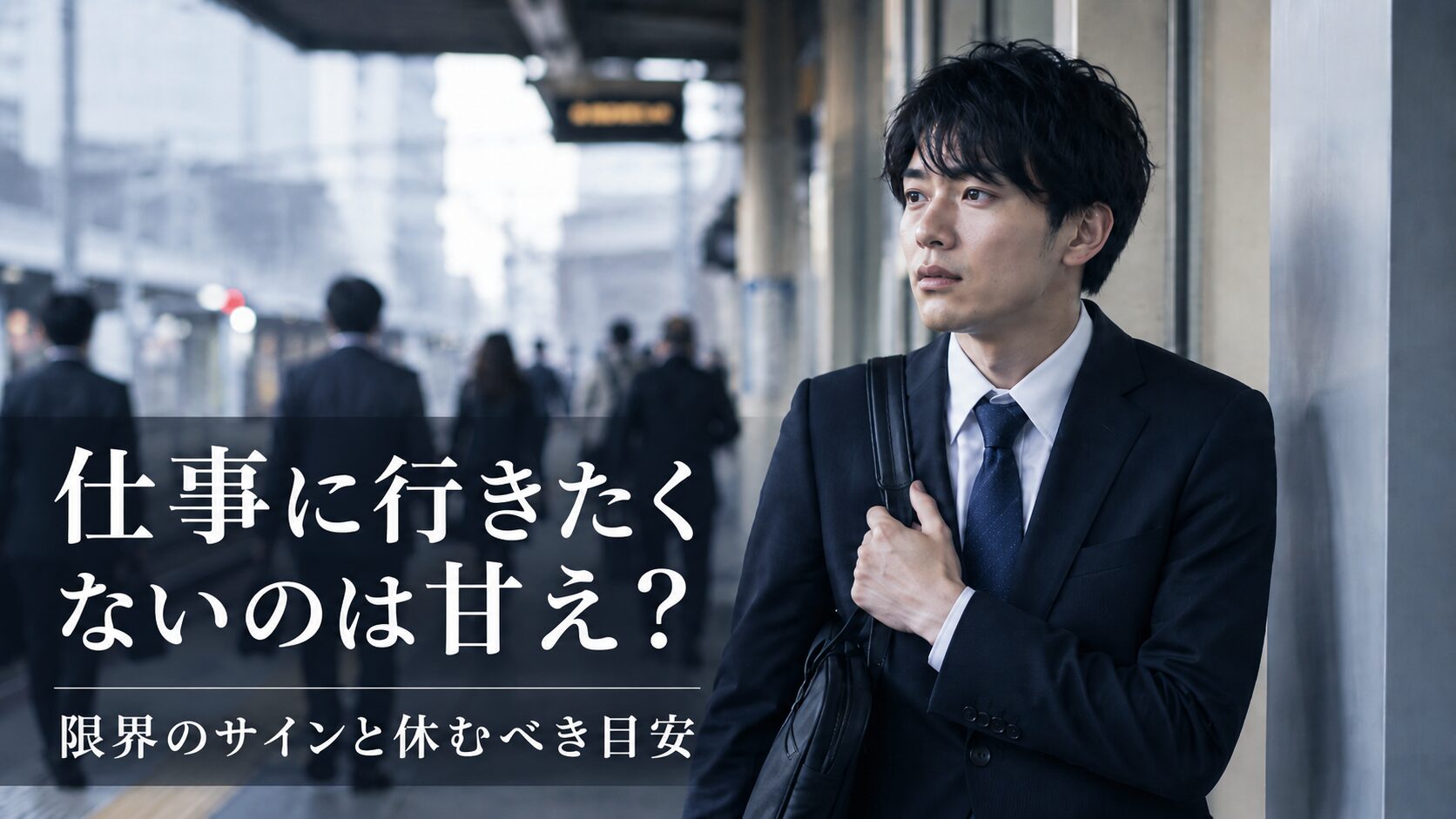 仕事に行きたくない朝、駅で不安そうに立つ若手会社員のイメージ画像